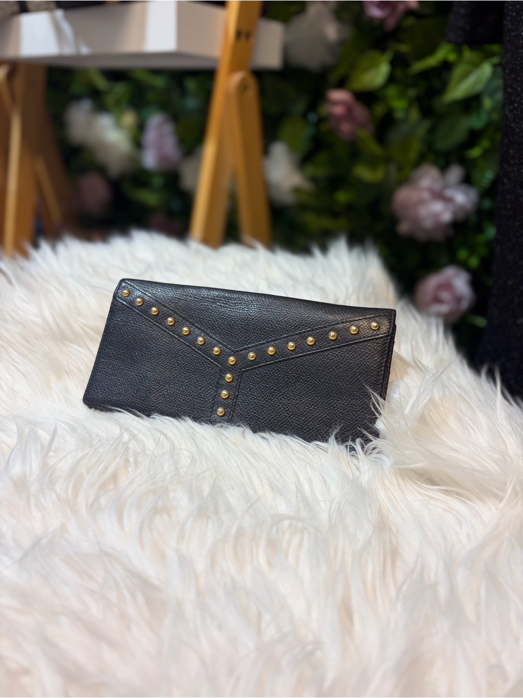 Vintage Ysl Studded Grained Leather Flap Closure Wallet